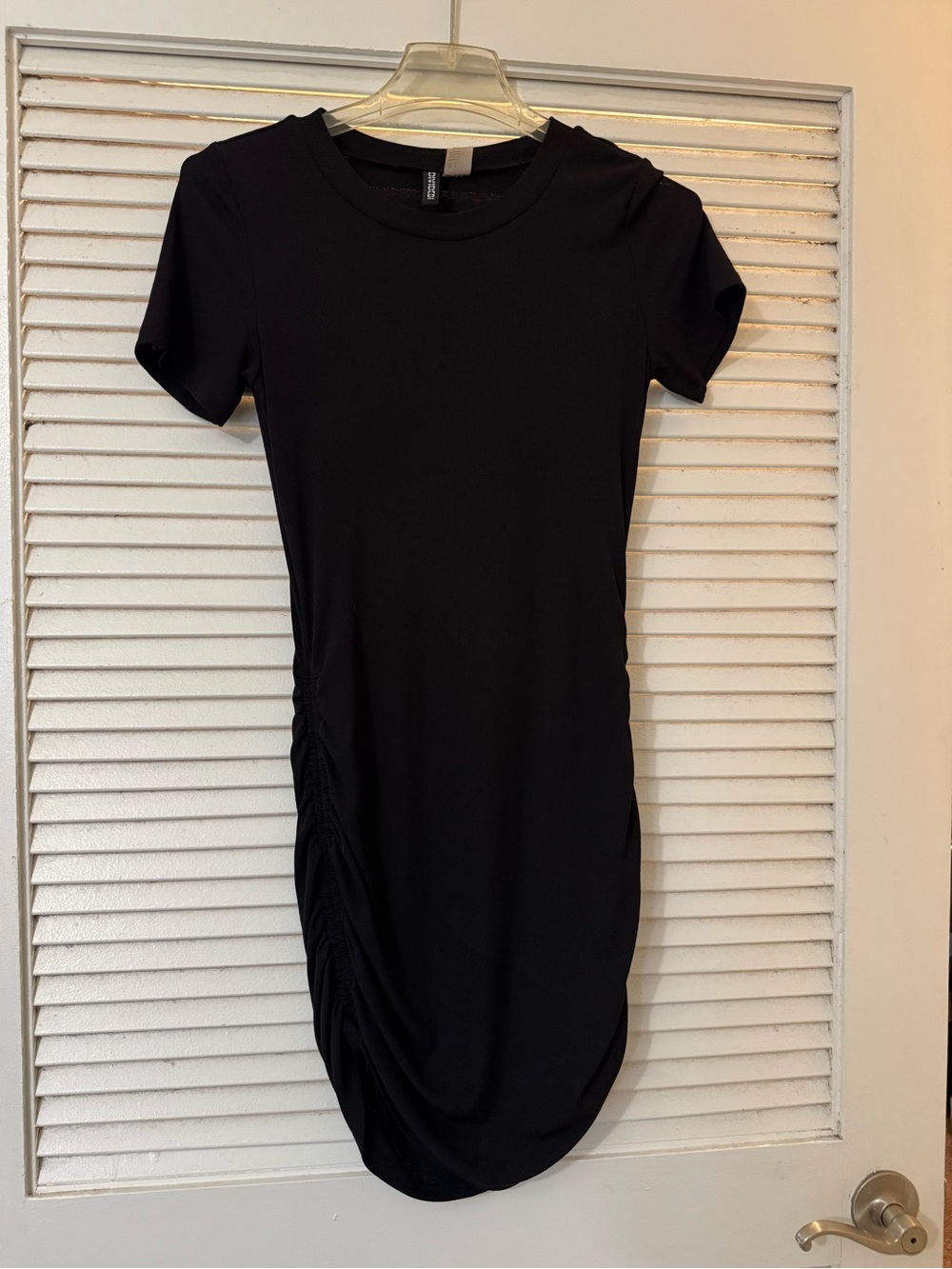 Divided Black Short-Sleeve Ruched Mini Dress